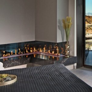 Stock Image - DaVinci Custom Fireplaces - DaVinci Collection - L-Configuration Linear Gas Fireplace DaVinci Gas Linear Fireplace & Outdoor Fire - Stove Depot and Chimney Works
