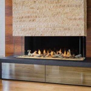 Stock Image - DaVinci Custom Fireplaces - Firenze™ Collection DaVinci Gas Bay & Corner & Linear & Multi-Sided Fireplace - Stove Depot and Chimney Works