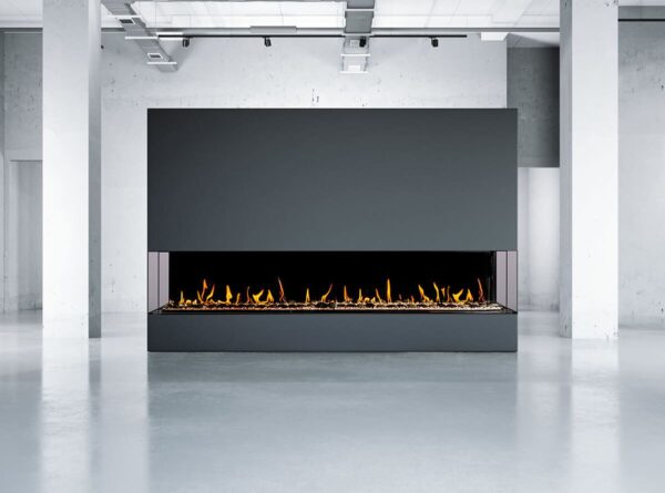 Stock Image - Flare - Large Double Corner Flare Fireplaces Gas Bay Fireplace - Stove Depot and Chimney Works