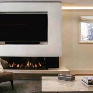 Stock Image - Flare - Double Corner Flare Fireplaces Gas Bay Fireplace - Stove Depot and Chimney Works