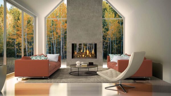 Stock Image - DaVinci Custom Fireplaces - Timber Fire Collection - See-Thru Gas Fireplace DaVinci Gas See-Thru Fireplace & Outdoor Fire - Stove Depot and Chimney Works