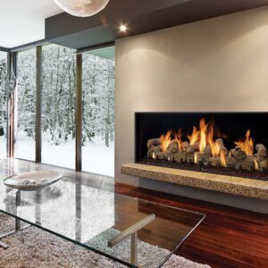 Stock Image - DaVinci Custom Fireplaces - Timber Fire Collection - Single-Sided Gas Fireplace DaVinci Gas Linear Fireplace & Outdoor Fire - Stove Depot and Chimney Works