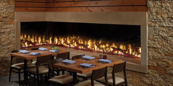 Stock Image - DaVinci Custom Fireplaces - DaVinci Collection - L-Configuration Linear Gas Fireplace DaVinci Gas Linear Fireplace & Outdoor Fire - Stove Depot and Chimney Works