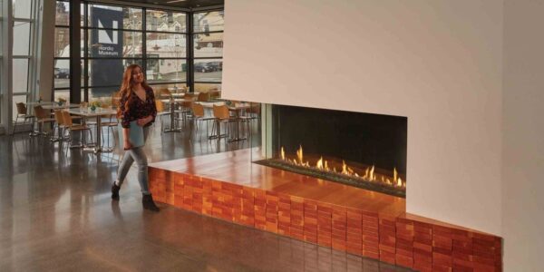 Stock Image - DaVinci Custom Fireplaces - DaVinci Collection - Corner Gas Fireplace DaVinci Gas Linear Fireplace & Outdoor Fire - Stove Depot and Chimney Works