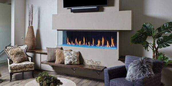 Stock Image - DaVinci Custom Fireplaces - DaVinci Collection - Corner Gas Fireplace DaVinci Gas Linear Fireplace & Outdoor Fire - Stove Depot and Chimney Works