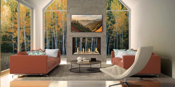Stock Image - DaVinci Custom Fireplaces - DaVinci Collection - See-Thru Linear Gas Fireplace DaVinci Gas Linear Fireplace & Outdoor Fire - Stove Depot and Chimney Works