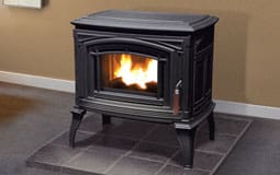 Stock Image - Enviro Meridian Cast Iron Enviro Pellet Freestanding & Legs & Traditional Stove - Stove Depot and Chimney Works