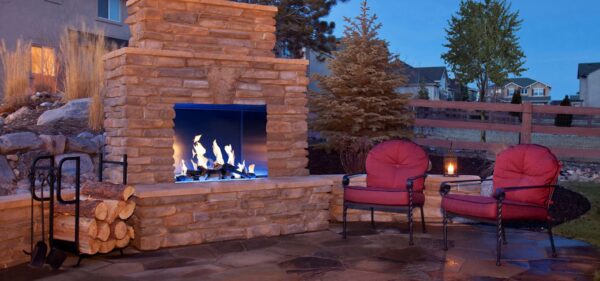 Stock Image - European Home J Series 40H: Single Sided Outdoor Gas Fireplace European Home Gas Traditional Fireplace & Outdoor Fire - Stove Depot and Chimney Works