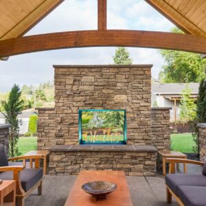 Stock Image - European Home J Series 40H: See-Through Outdoor Gas Fireplace European Home Gas See-Thru Fireplace & Outdoor Fire - Stove Depot and Chimney Works