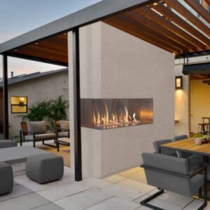 Stock Image - European Home J Series M1: Corner Style Outdoor Gas Fireplace European Home Gas Corner Fireplace & Outdoor Fire - Stove Depot and Chimney Works