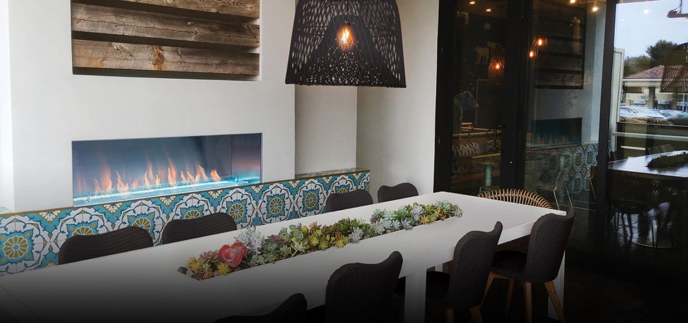 Stock Image - European Home J Series M2: Single Sided Outdoor Gas Fireplace European Home Gas Linear Fireplace & Outdoor Fire - Stove Depot and Chimney Works