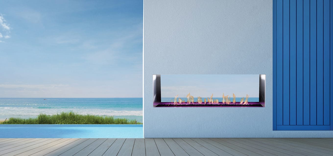 Stock Image - European Home J Series M2: See-Through Outdoor Gas Fireplace European Home Gas See-Thru Fireplace & Outdoor Fire - Stove Depot and Chimney Works