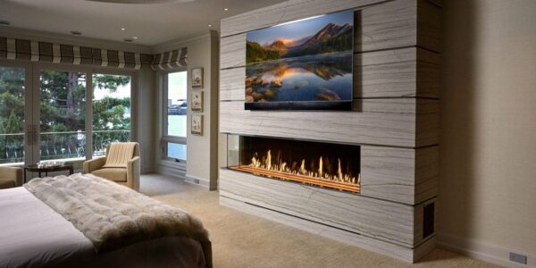 Stock Image - DaVinci Custom Fireplaces - DaVinci Collection - Corner Gas Fireplace DaVinci Gas Linear Fireplace & Outdoor Fire - Stove Depot and Chimney Works