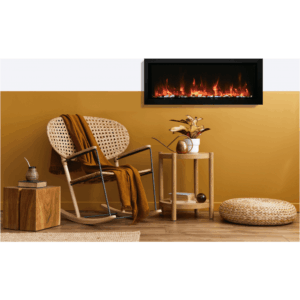 Stock Image - Amantii - Smart 50″ Extra Slim Indoor or Outdoor Electric Built-In only Electric Fireplace with black steel surround  - Stove Depot and Chimney Works