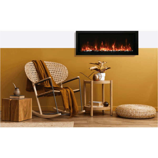 Stock Image - Amantii - Smart 50″ Extra Slim Indoor or Outdoor Electric Built-In only Electric Fireplace with black steel surround  - Stove Depot and Chimney Works