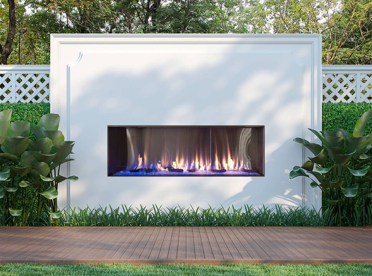 Stock Image - Flare - Outdoor Front Facing Flare Fireplaces Gas Linear Fireplace & Outdoor Fire - Stove Depot and Chimney Works