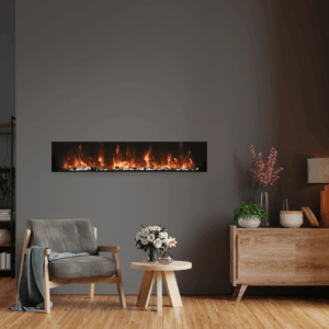 Stock Image - Amantii - Smart 60″ Extra Slim Indoor or Outdoor Electric Built-In only Electric Fireplace with black steel surround  - Stove Depot and Chimney Works
