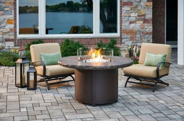Stock Image - The Outdoor GreatRoom - Marbleized Noche Beacon Round Gas Fire Pit Table The Outdoor Greatroom Company Gas Fire Table - Stove Depot and Chimney Works