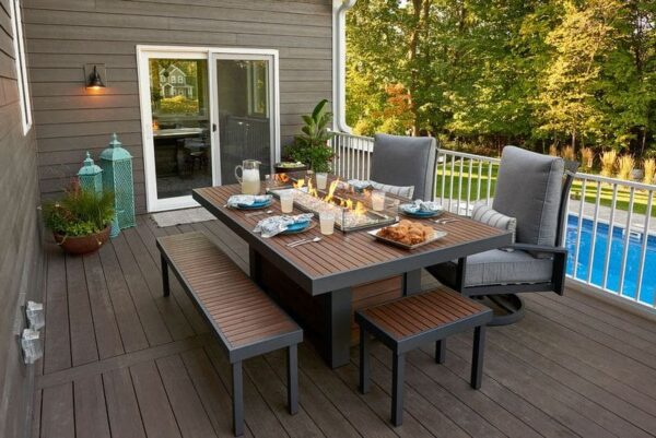 Stock Image - The Outdoor GreatRoom - Kenwood Linear Dining Height Gas Fire Pit Table The Outdoor Greatroom Company Gas Fire Table - Stove Depot and Chimney Works
