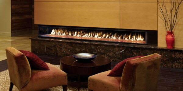 Stock Image - DaVinci Custom Fireplaces - DaVinci Collection - Corner Gas Fireplace DaVinci Gas Linear Fireplace & Outdoor Fire - Stove Depot and Chimney Works