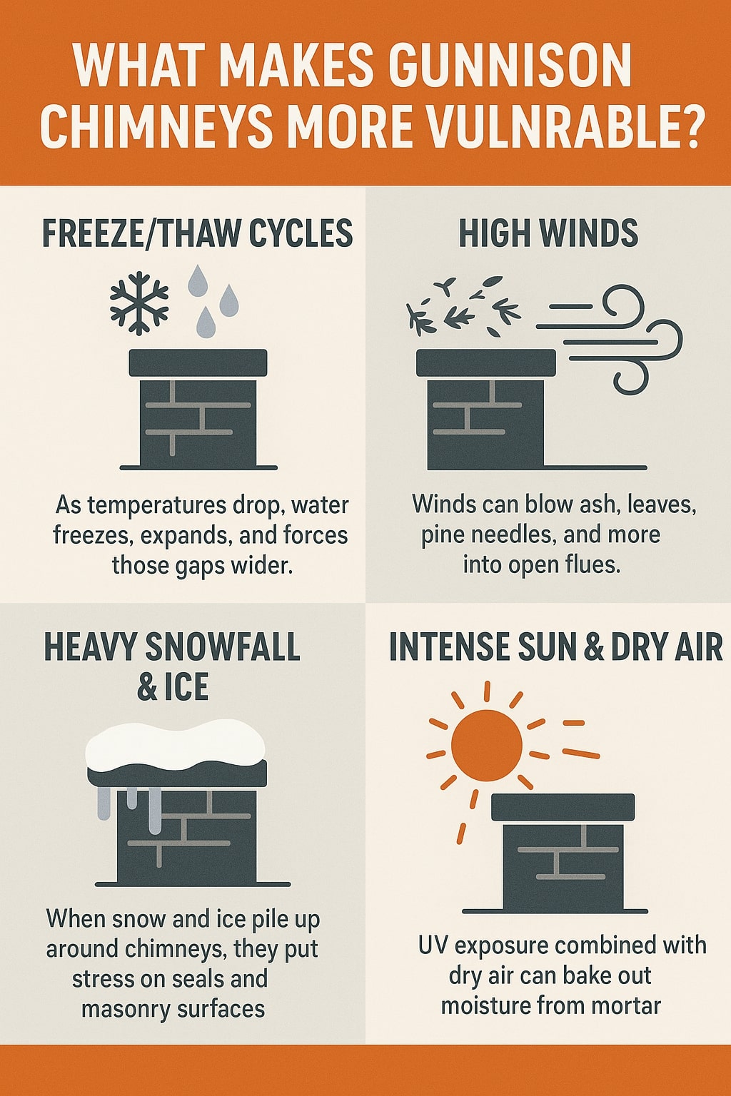 Original infographic showing four illustrated causes of chimney vulnerability in Gunnison. The top banner is burnt orange with white text reading “What Makes Gunnison Chimneys More Vulnerable?” Below, four beige panels show dark gray chimney icons with visual symbols: a snowflake and water drops for “Freeze/Thaw Cycles,” wind lines and leaves for “High Winds,” snow and icicles for “Heavy Snowfall & Ice,” and a bright orange sun for “Intense Sun & Dry Air.” Each section includes short explanatory text in black, with the bottom banner matching the burnt orange accent color. The overall design uses a simple, clean layout and a muted palette of orange, gray, and cream tones.<br />
